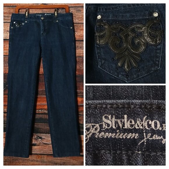 Style & CO Jeans Size 8P 8 Petite Ankle Embellished Blue Denim Tummy Control - Picture 1 of 9